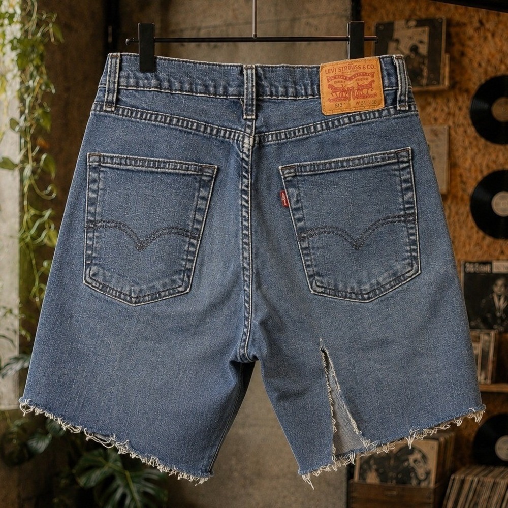 Levis 513‎ Slim Straight Cut Off Denim Shorts Blue Distressed Mens 31